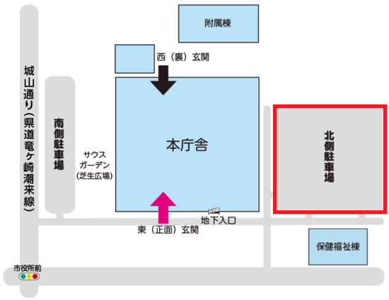 市役所内会場位置図。会場は北側駐車場です。