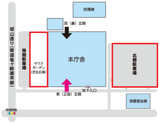 市役所内会場位置図。会場は北側駐車場です。